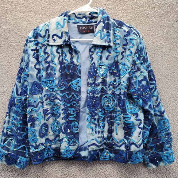 Pushpa Women’s Sequins Vintage Blazer Jacket Medium Size M Blue FLAW - Picture 1 of 12